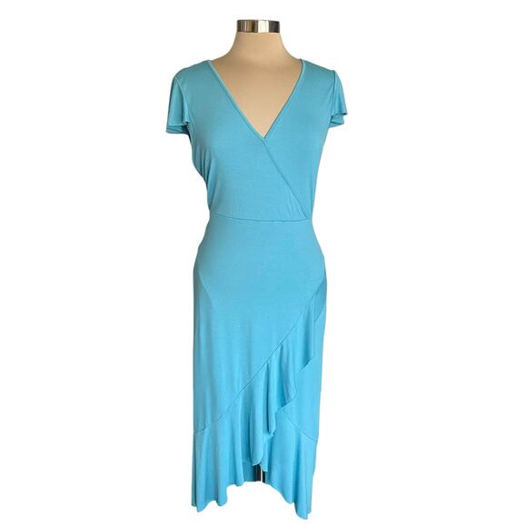 Juicy Couture Turquoise Faux Wrap Midi Dress Knit Ruffle Asymmetric Hem Sz MED - Picture 2 of 8